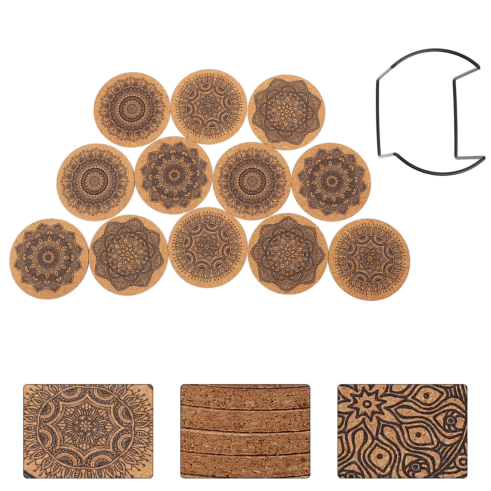 Homemaxs 1 Set Creative Nordic Mandala Design Round Shape Wooden Coasters with Rack