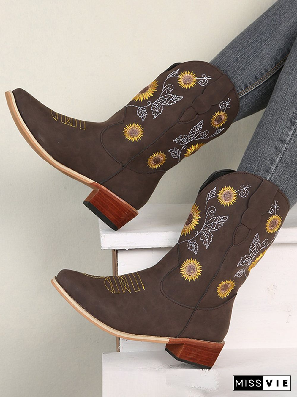 Sunflower Embroidery Boho Cowboy Boots