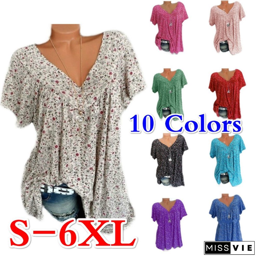 Women Summer Floral Print Pullover Plus Size T-Shirt Ladies Loose Short Sleevel Blouse Tops