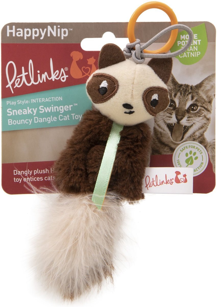 Petlinks HappyNip Sneaky Swinger Bouncy Dangle Plush Raccoon Cat Toy， Brown， Medium