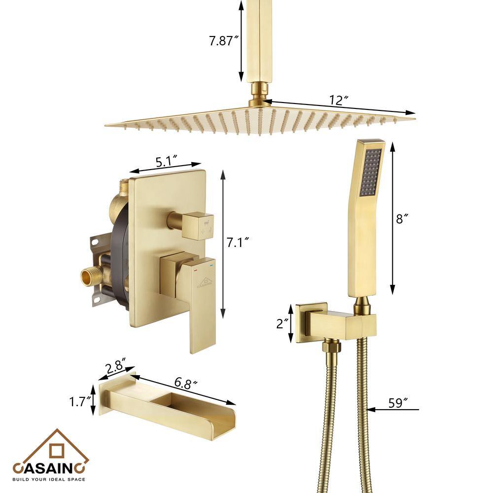 CASAINC Single-Handle 1-Spray Patterns 12 in. Ceiling Mount Tub and Shower Faucet in Brushed Gold (Valve Included) CS3623-12BG