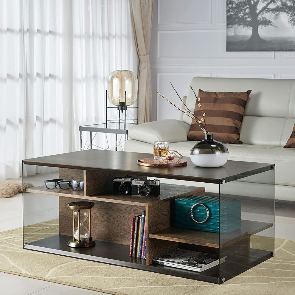 Contemporary Coffee Table  Side Glass Panels and Multiple Open Shelves  Wenge   Contemporary   Coffee Tables   by Decor Love  Houzz