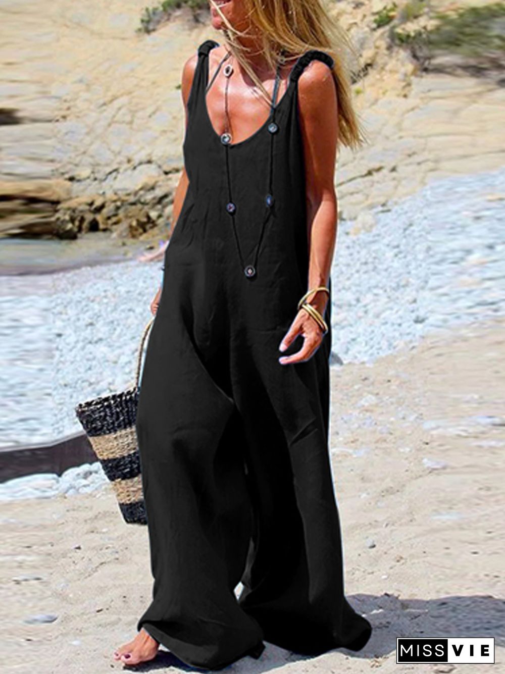 Lady Summer Retro Solid Beach Playsuits Casual Sling Sleeveless Wide Leg Jumpsuit Women Fashion Deep V-Neck Loose Hollow Romper