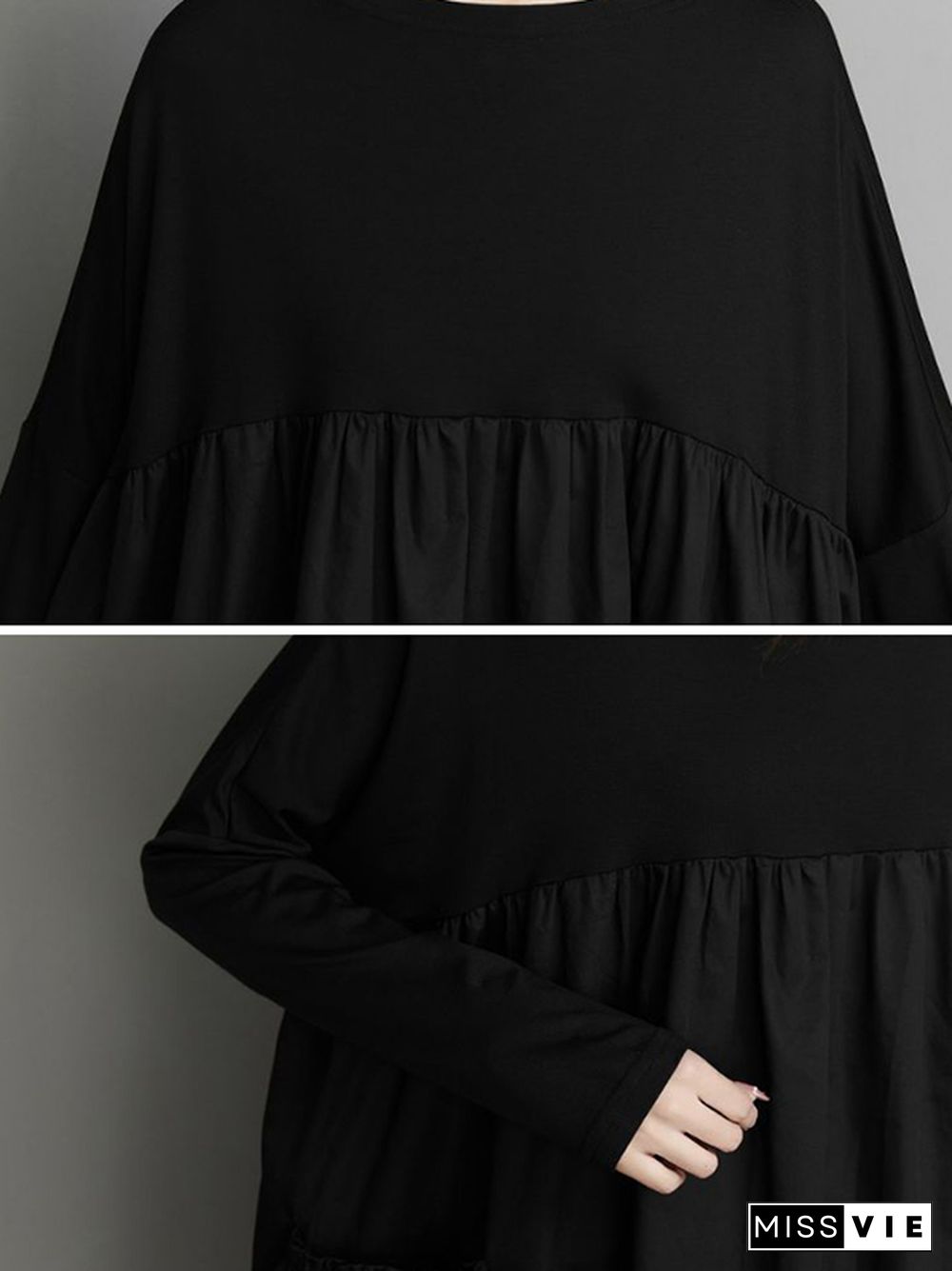 Simple Loose Black Split-Joint Long Sleeves Midi Dress