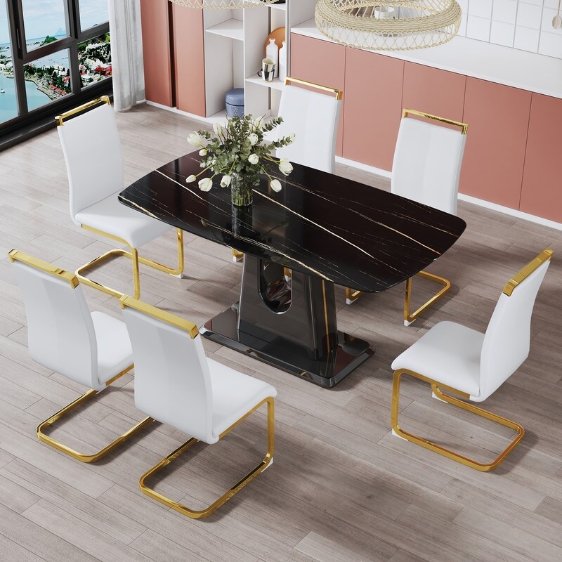 Modern imitation marble tabletop Dining table with MDF U shaped legs