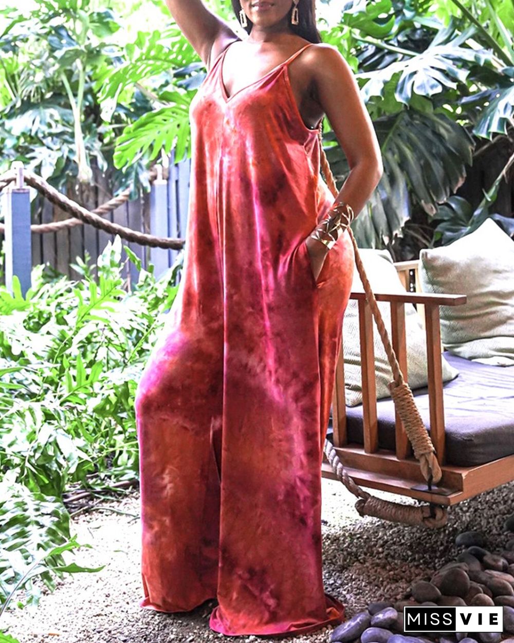 Tie Dye Print Spaghetti Strap Wide Leg  Jumpsuit