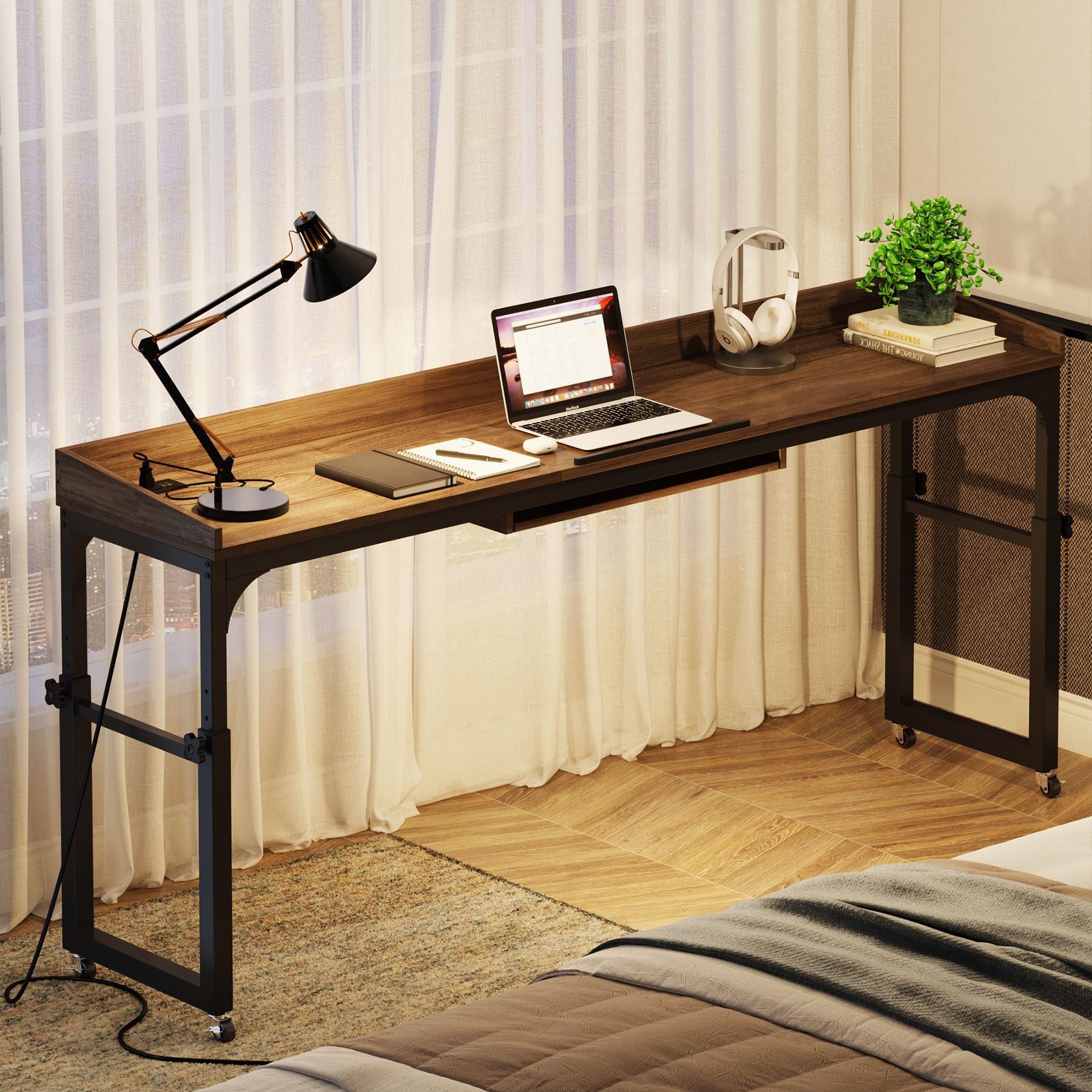 Height Adjustable Overbed Table with Wheels & Charging Station