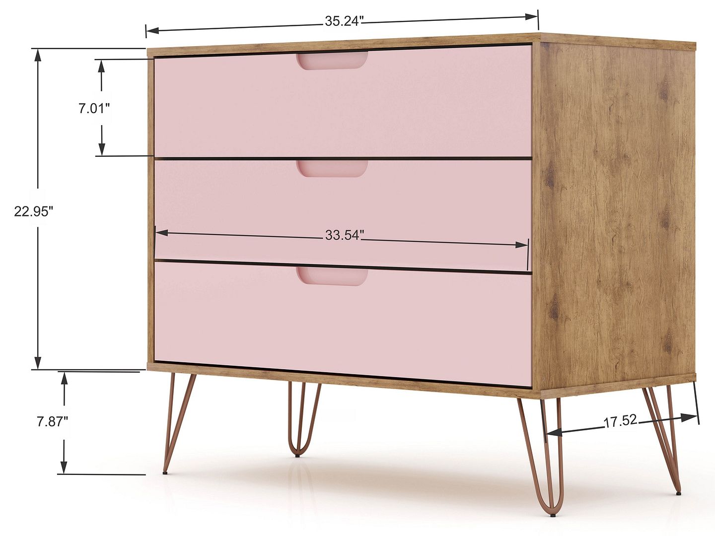 Manhattan Comfort Rockefeller 3-Drawer Nature and Rose Pink Dresser (Set of 2)