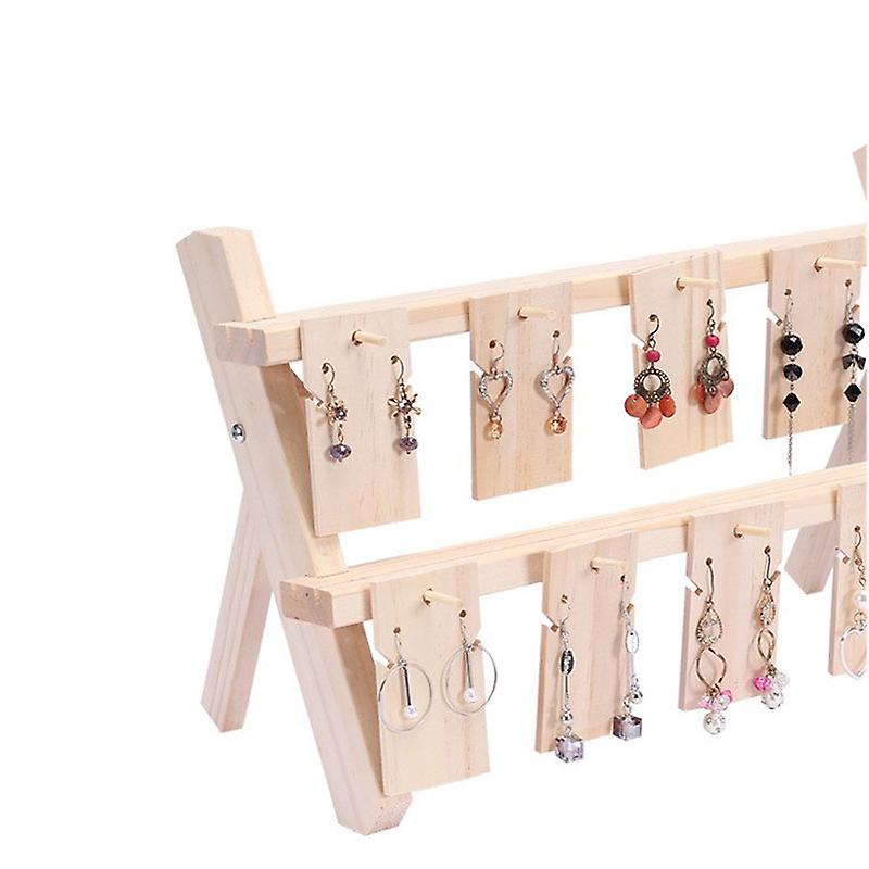 2-Tier Earring Display Stand Wooden Display Riser Retail Jewelry Card Display Stand with Groove and 10 Hooks