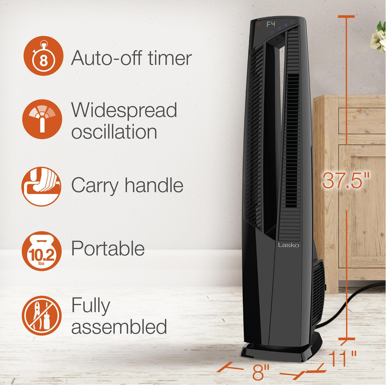 Lasko 1500W Oscillating All Season Electric Tower Fan and Space Heater with Remote， FHV801， Black