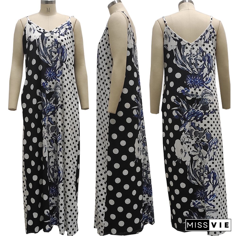 Women Summer Sexy Floral Print Pockets Spaghetti Strap V-Neck Loose Club Party Long Maxi Dresses