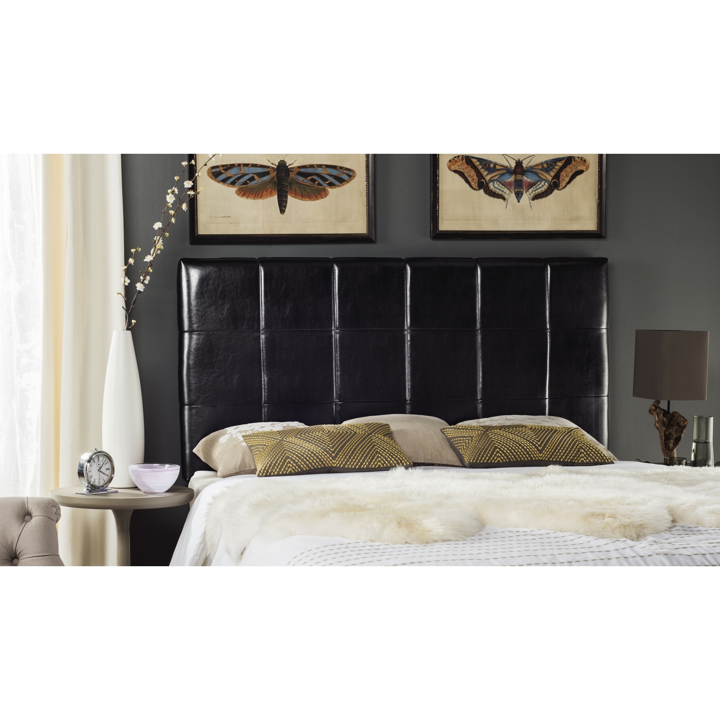 SAFAVIEH Quincy Black Leather Box Quilted Upholstered Headboard (King) - - 11098637