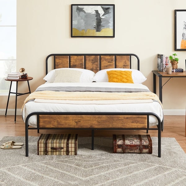 Industrial 4-pieces Bedroom Set Bed Frame Modern Nightstands Set of 2 and Makeup Desk - - 36813769