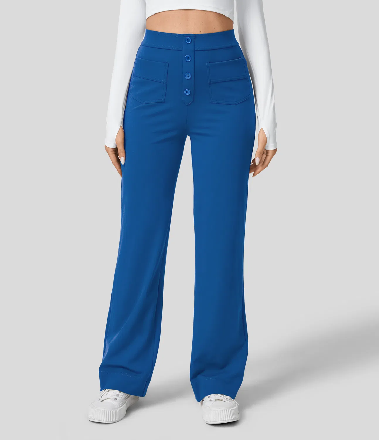 High Waisted Button Multiple Pockets Straight Leg Casual Pants