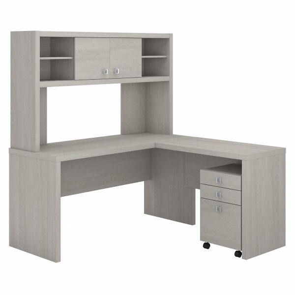 Office by kathy ireland Echo L Shaped Desk with Hutch and Mobile File Cabinet in Gray Sand