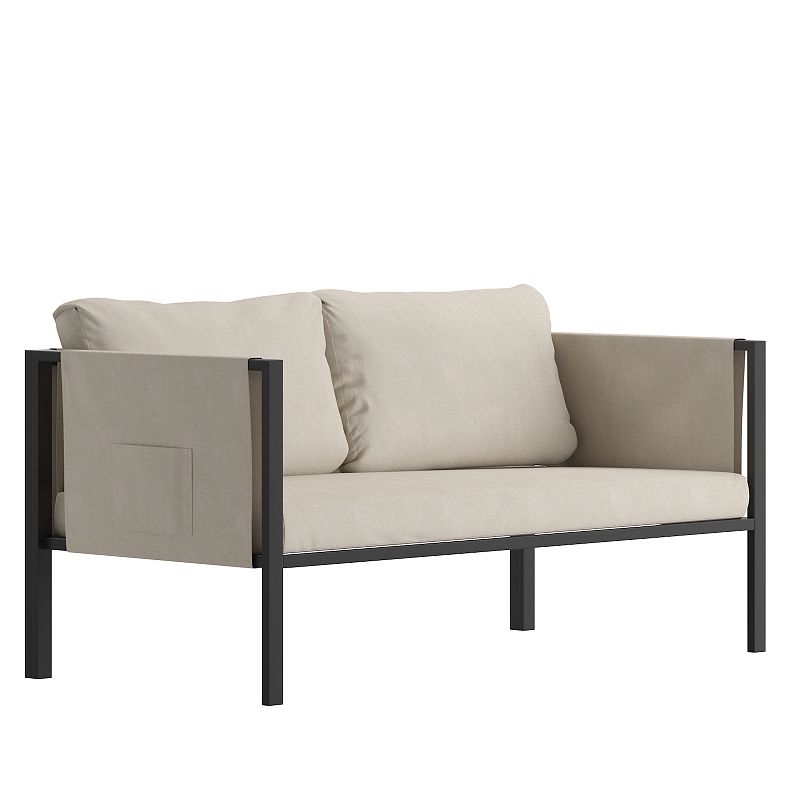 Merrick Lane Cape Cod Outdoor Love Seat/Sofa With Removable Charcoal Fabric Cushions And Black Steel Frame