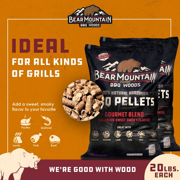 Bear Mountain Fk99 Premium All Natural Low Moisture Hardwood Smoky Gourmet Blend Bbq Smoker Pellets For Outdoor Grilling 20 Pound Bag 2 Pack