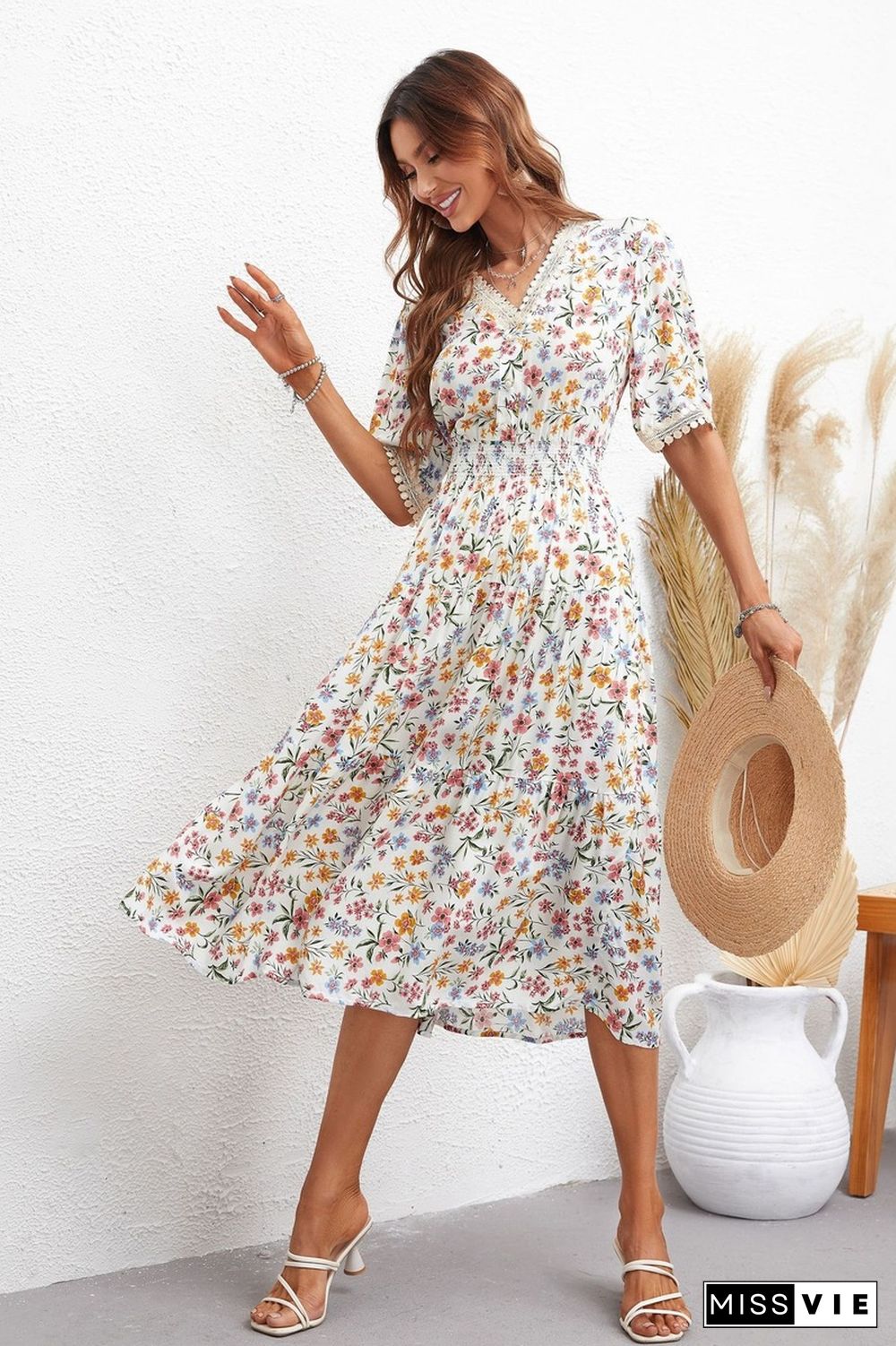 Elegant Floral Print Dress For Women Summer Dresses New Button High Waist Slim Midi Lace V-Neck Short Sleeve Dress