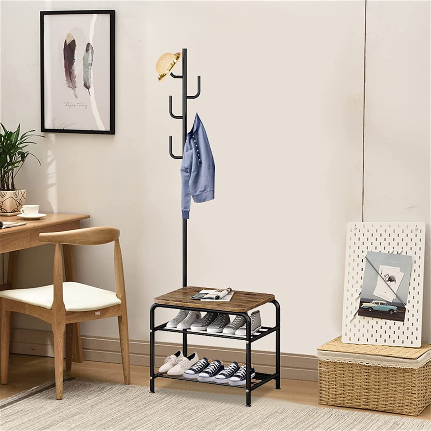 Miumaeov 3 In 1 Coat and Hat Rack Mini Desk 2-Layer Shoes Storage Shelf Home Organization