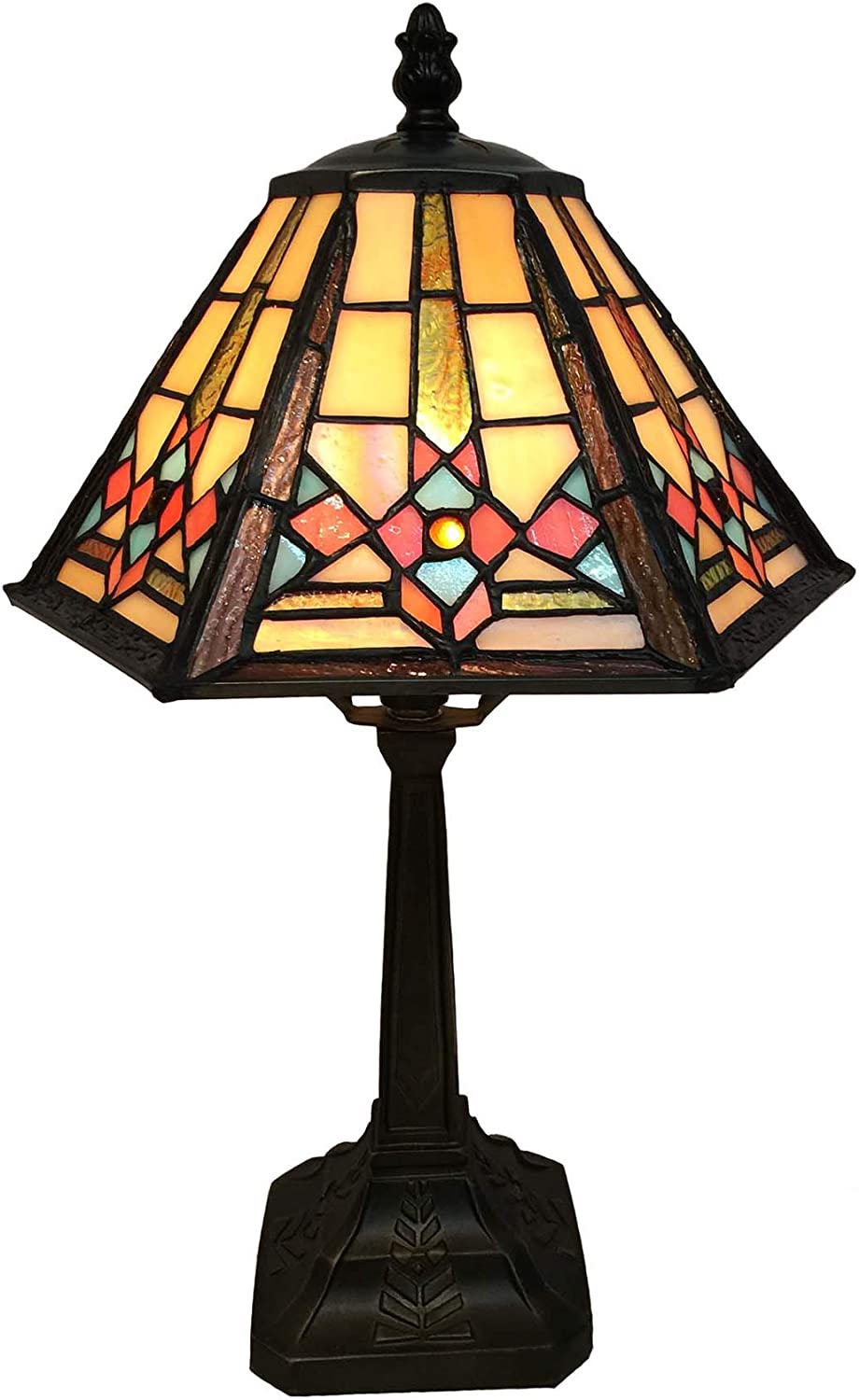 SHADY L10791 Mission Style Table Lamp  Stained Glass Night Light with Hexagonal Cone Lampshade  10&#34; W x 16&#34; H