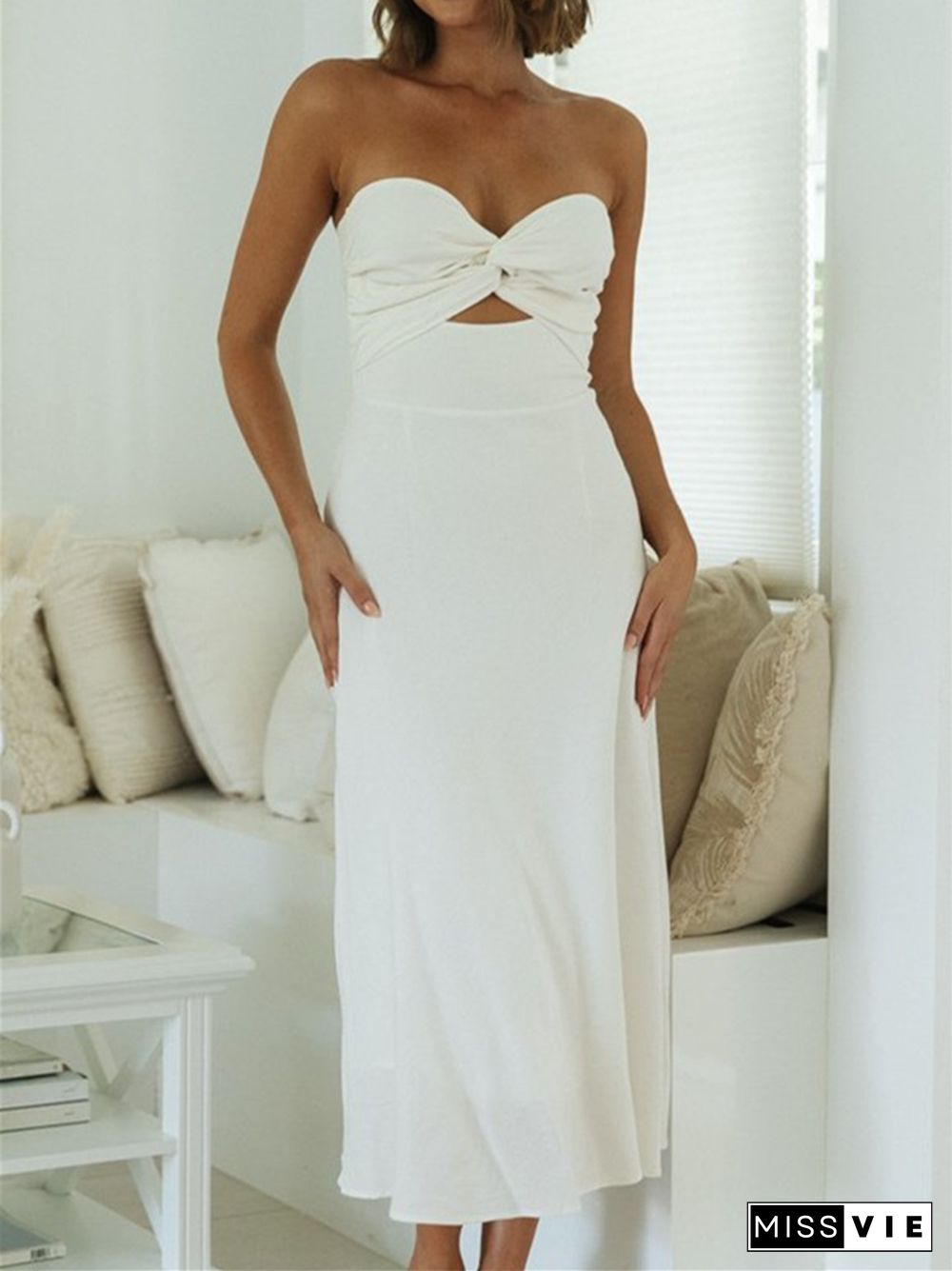 Solid Strapless Backless Waist Long Dress