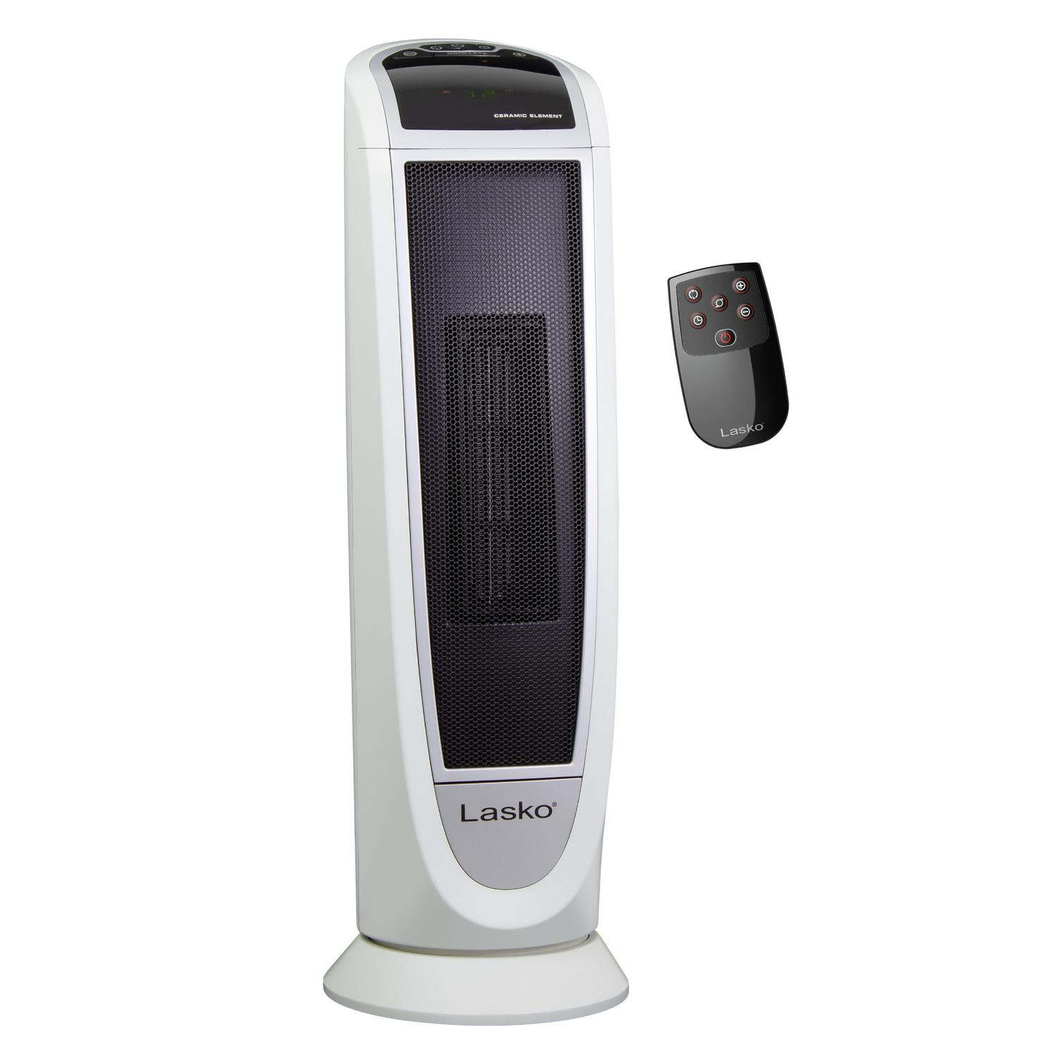 Lasko 1500W Digital Ceramic Tower Space Heater with Remote， 5165， White