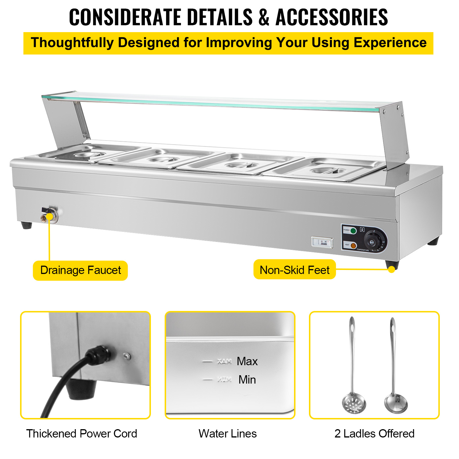 VEVORbrand Bain Marie Food Warmer 4 Pan x 1/2 GN， Food Grade Stainelss Steel Commercial Food Steam Table 6-Inch Deep， 1500W Electric Countertop Food Warmer 44 Quart with Tempered Glass Shield