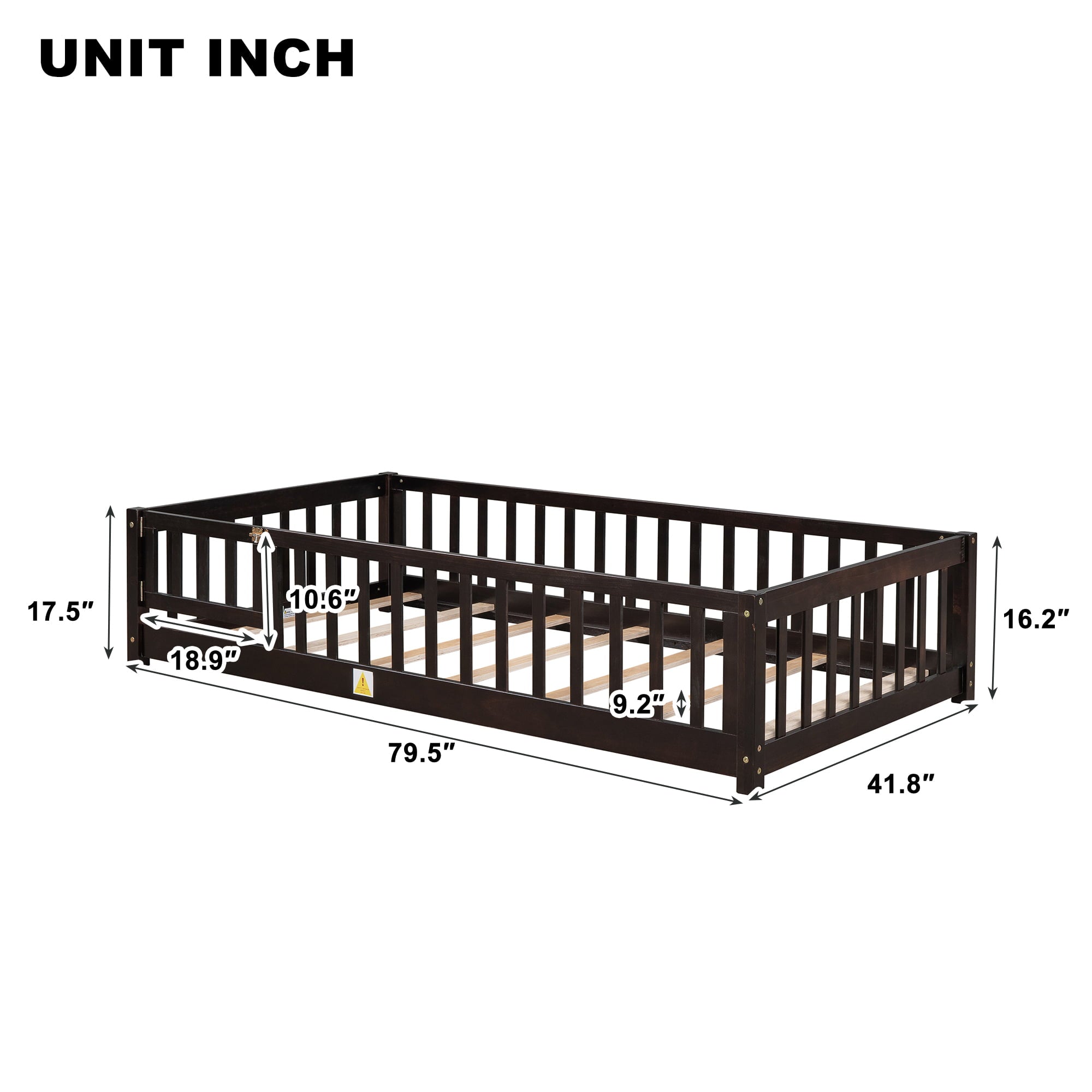 uhomepro Twin Size Wood Floor Bed Frame with Fence and Door for Kids, Toddlers, Espresso