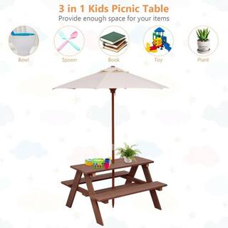 Cisvio Outdoor 4-Seat Kid's Wood Picnic Table Bench with Umbrella Outdoor Camping Table Bench Set for Garden Backyard Patio D0102HAS4WY