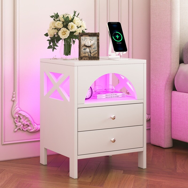 Nightstand with USB Charging Ports and LED Lights End Table with 2 Drawers and Shelf