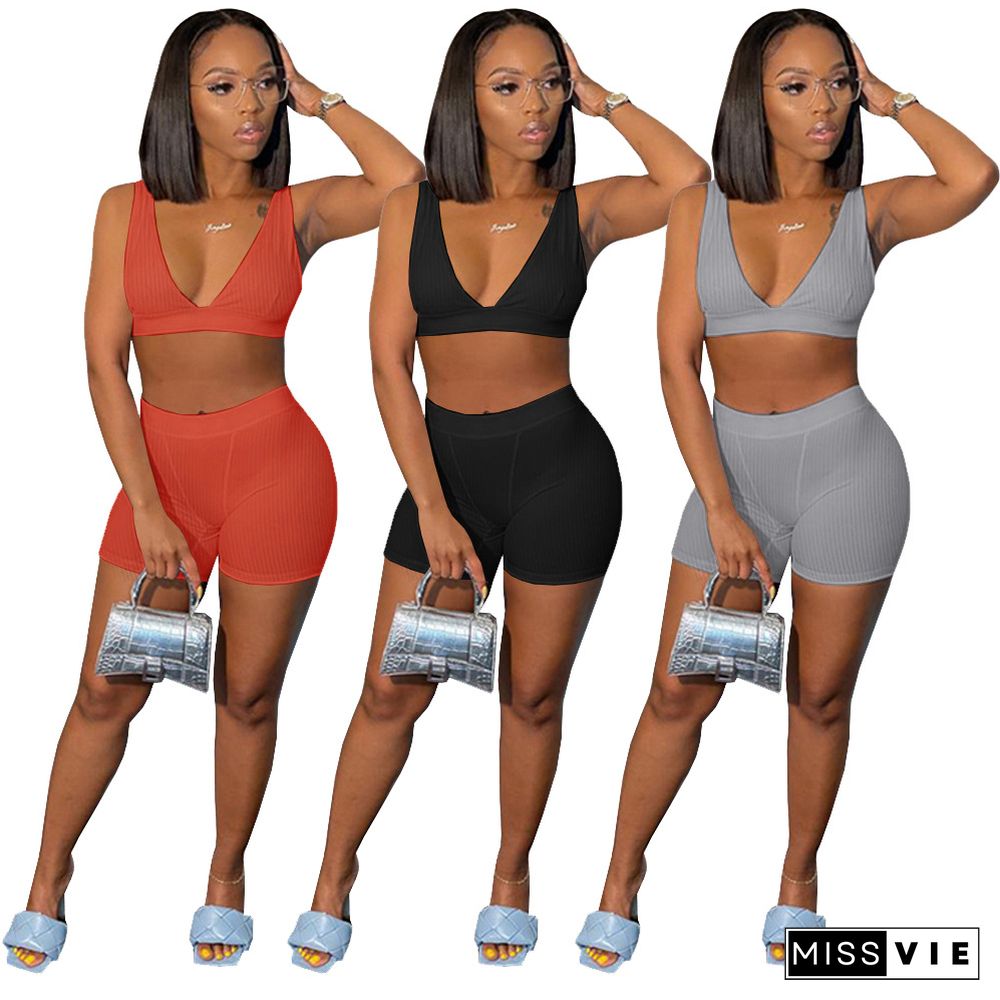 Casual Fitness Solid Color Sexy Backless Deep V Gym Bra Crop Top Shorts Bodycon Two Piece Outfits