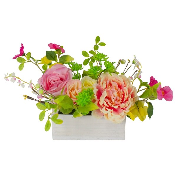 16 Pink White Artificial Spring Floral Foliage Arrangement in Planter