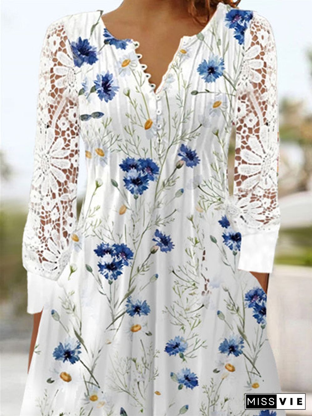 Women's Long Sleeve V-neck Floral Printed Lace Midi Dress