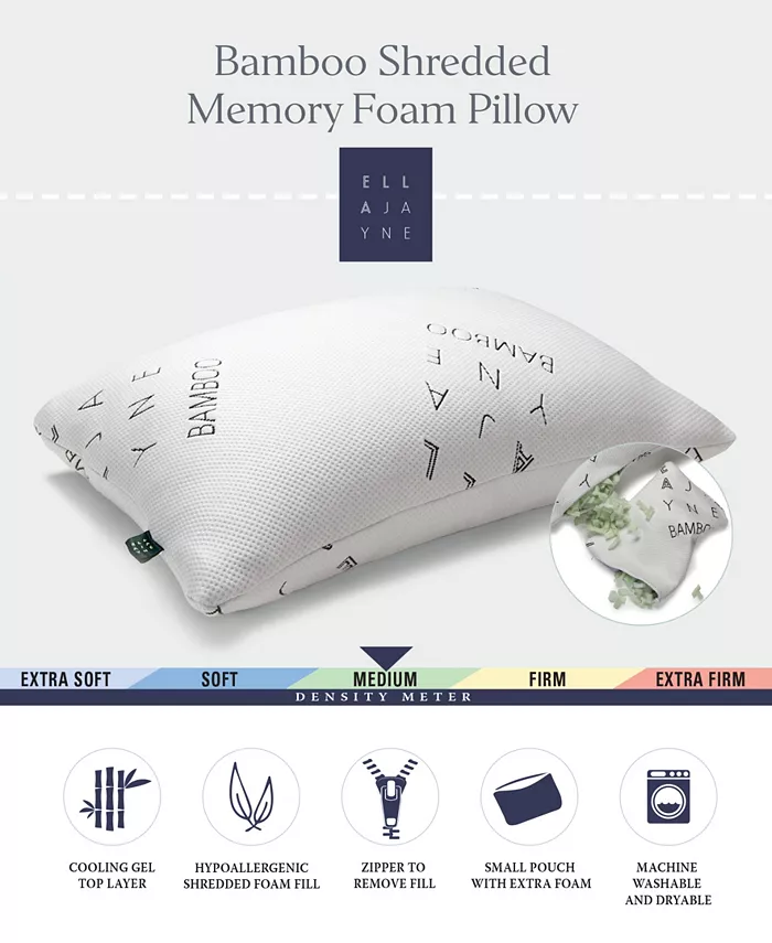 Ella Jayne Bamboo Shredded Memory Foam Pillow， Standard Queen， Adjustable Density