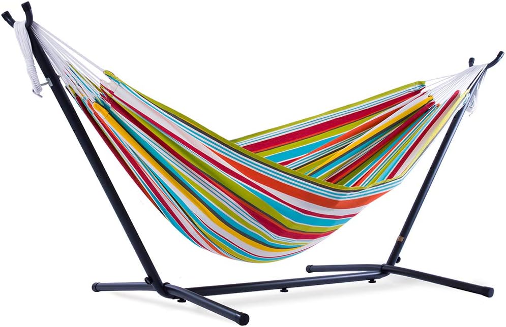 Double Cotton Hammock with Space Saving Steel Stand, Tropical (450 lb Capacity - Premium Carry Bag Included)