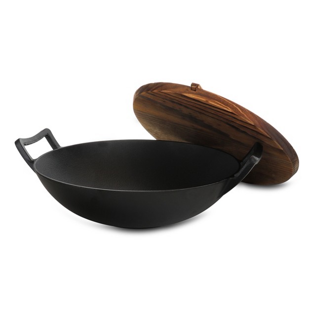 General Store Addlestone 2 Piece 14 Inch Heavy Duty Cast Iron Wok With Wood Lid