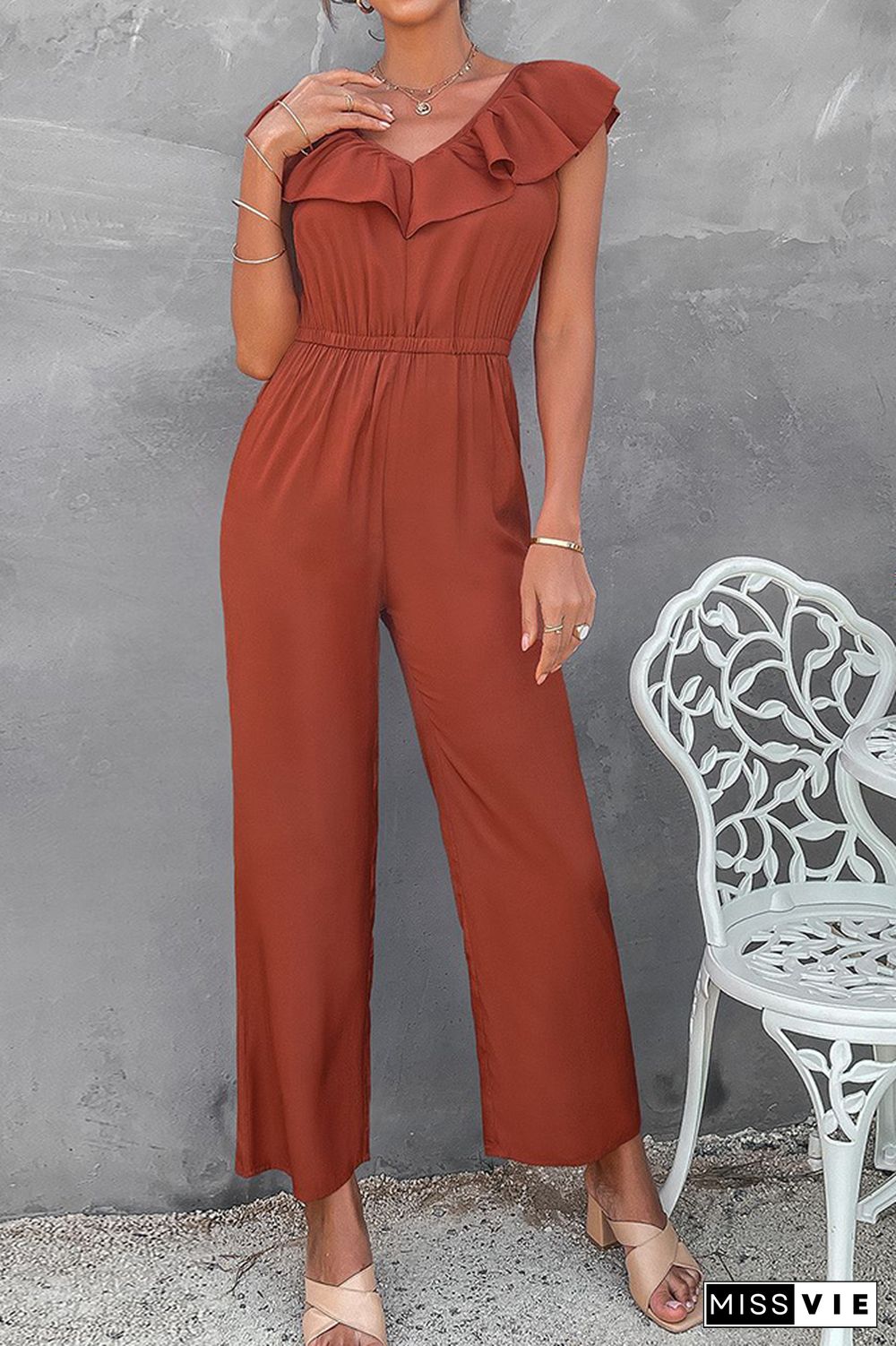 Ruffle V-neck Sleeveless Waisted Jumpsuit Wholesale