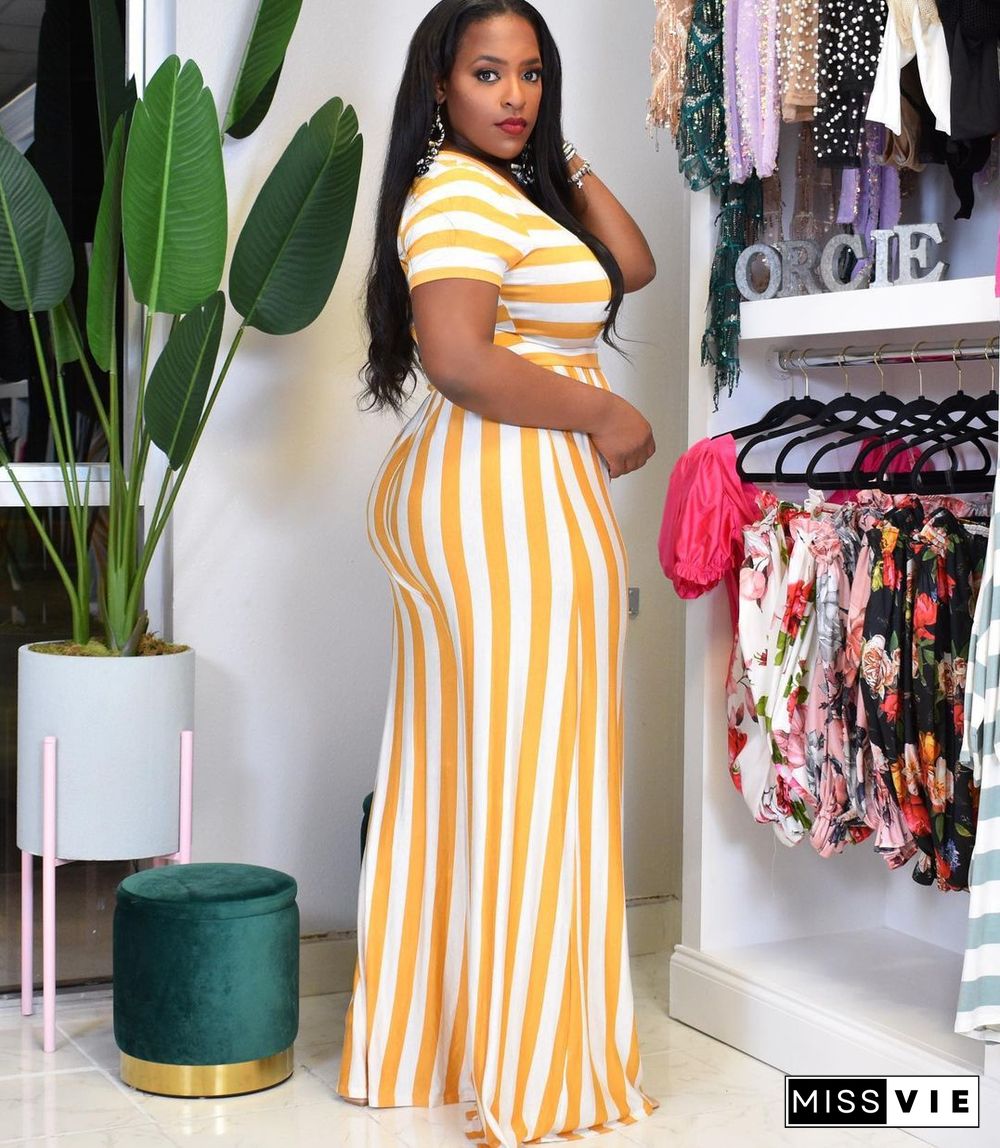 Women Striped Print Short Sleeve O-Neck Crop Top Loose Wide Leg Pants Casual Two Piece Set