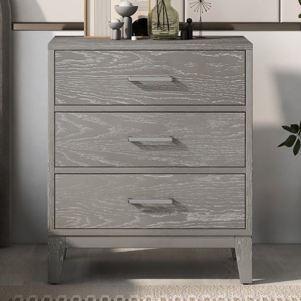 Solid wood Grey grain Three-Drawer Nightstand with Tapered Legs - - 37754729