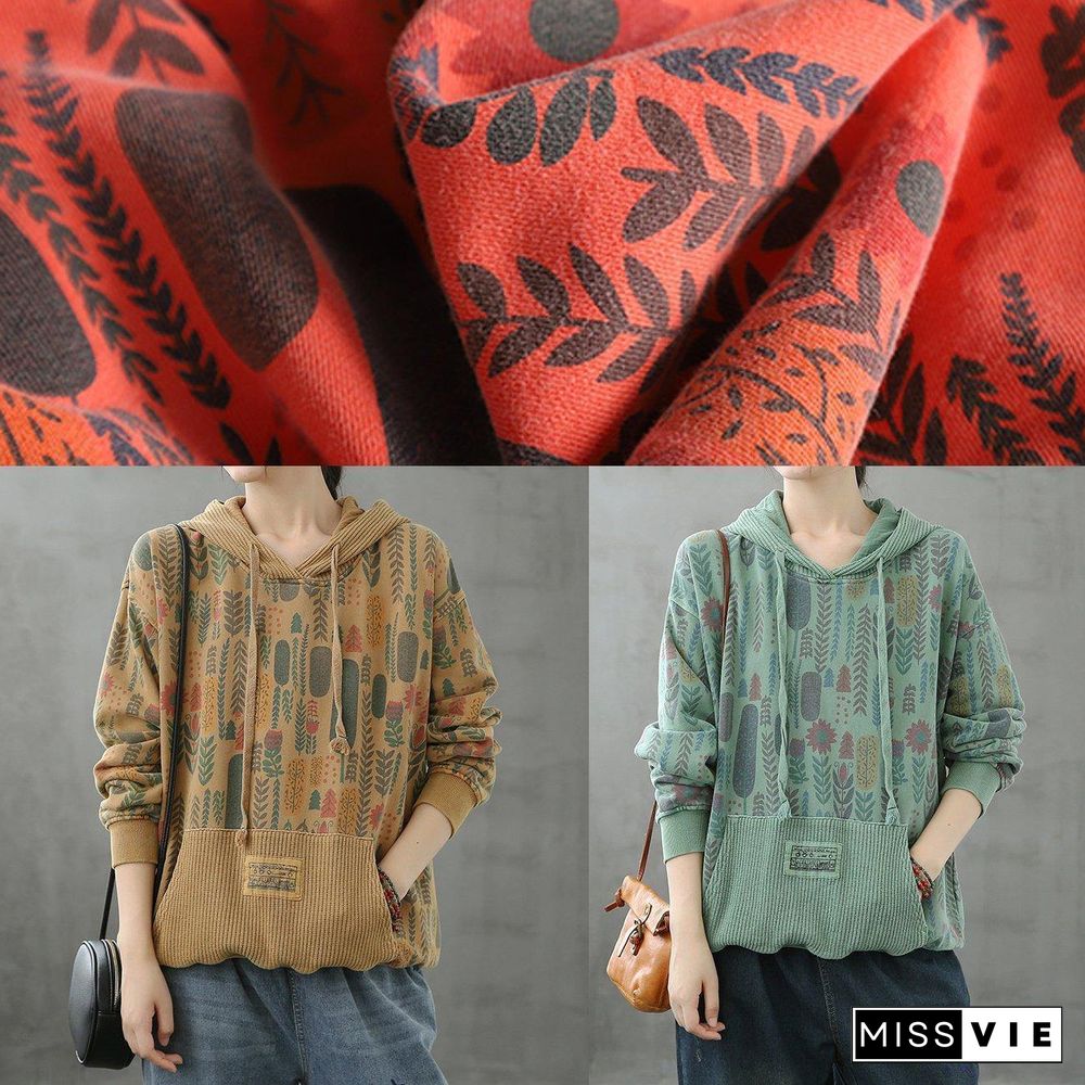 Organic hooded fall crane tops Neckline yellow Plant printing shirts