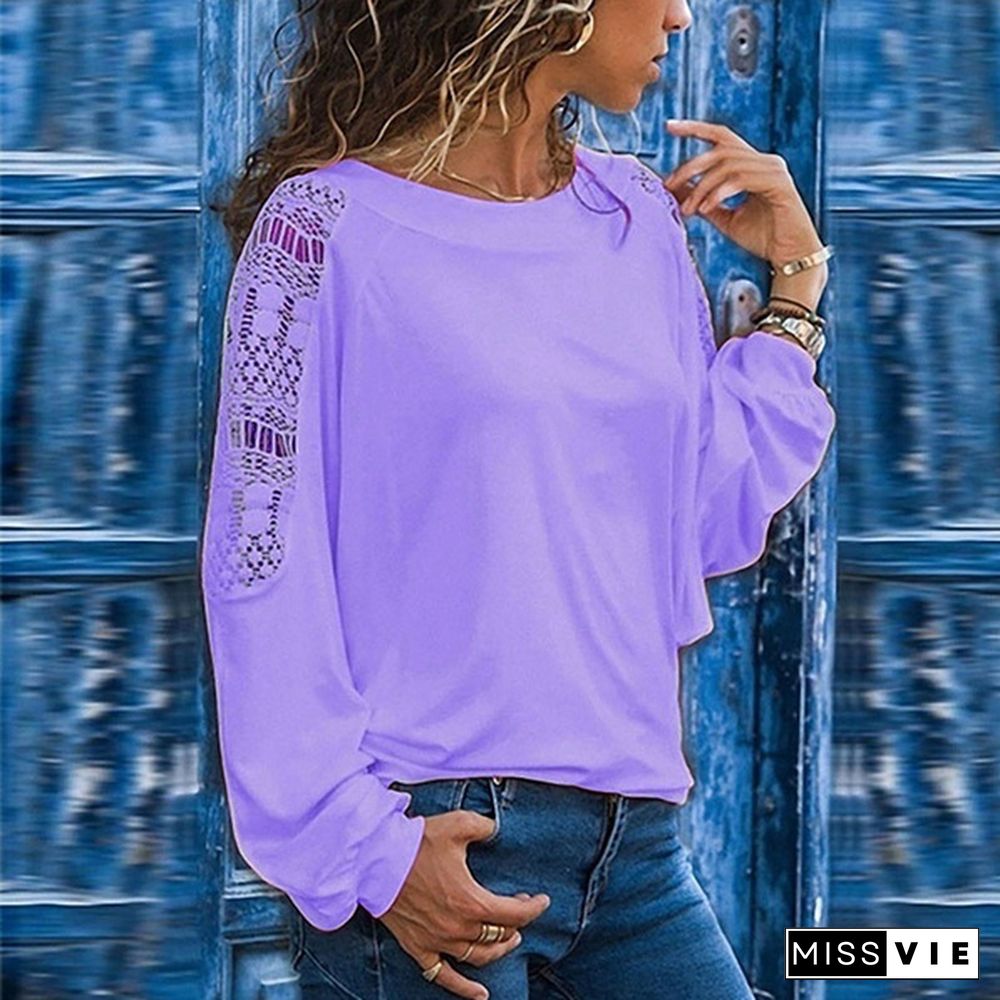 Autumn and Winter Fashion Women's Long Sleeve Plus Size Casual Tops Ladies Casual Solid Color Lace Stitching Hollow Out Loose Pullover T-shirts