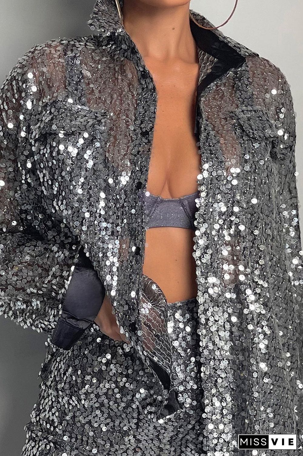 Steel Sequin Oversize Shirt Shorts Set