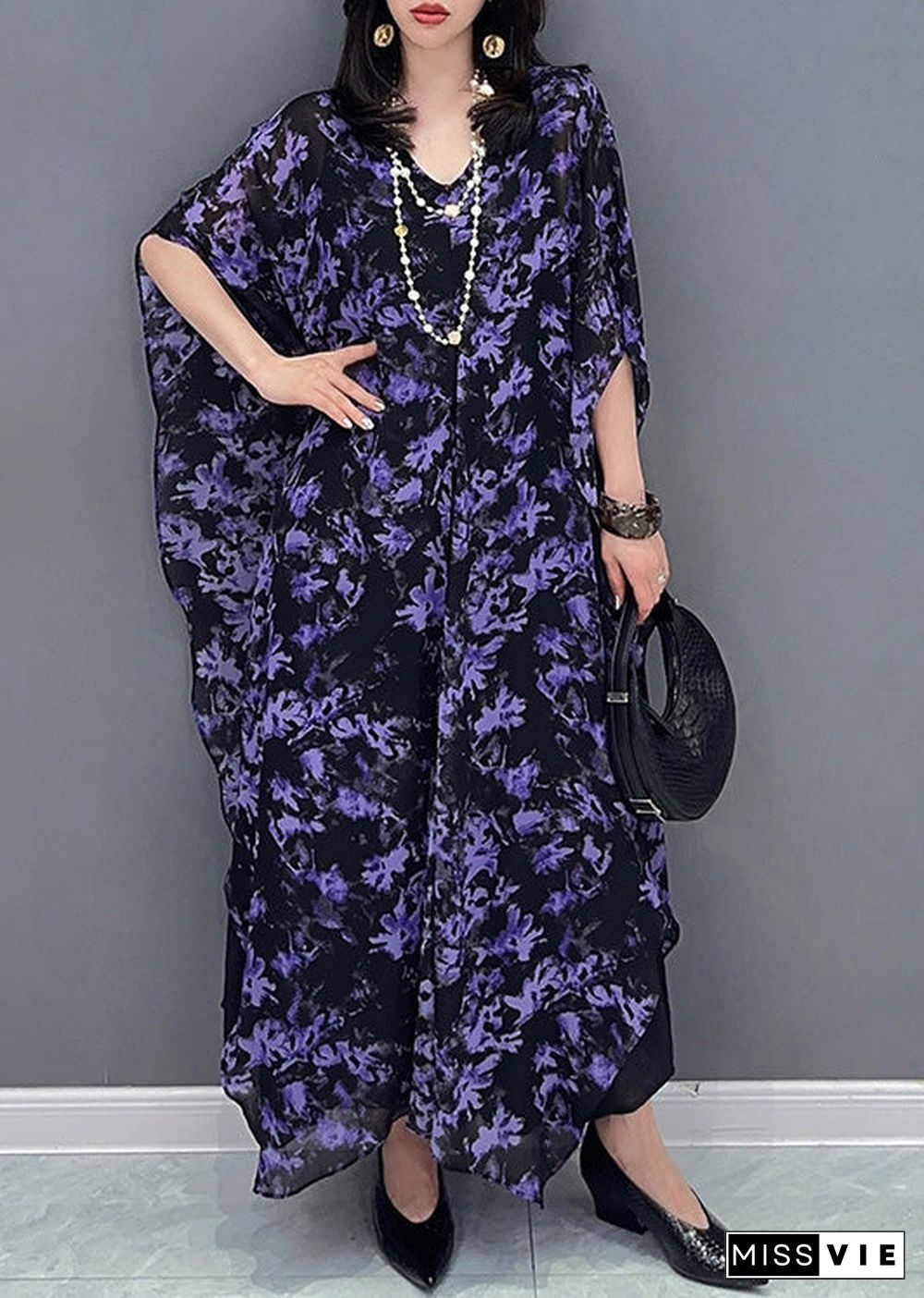 Loose Purple O-Neck Print Maxi Dress Summer