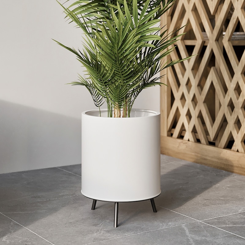 Raya White Mid Century Modern Planter with 3 Leg Metal Base