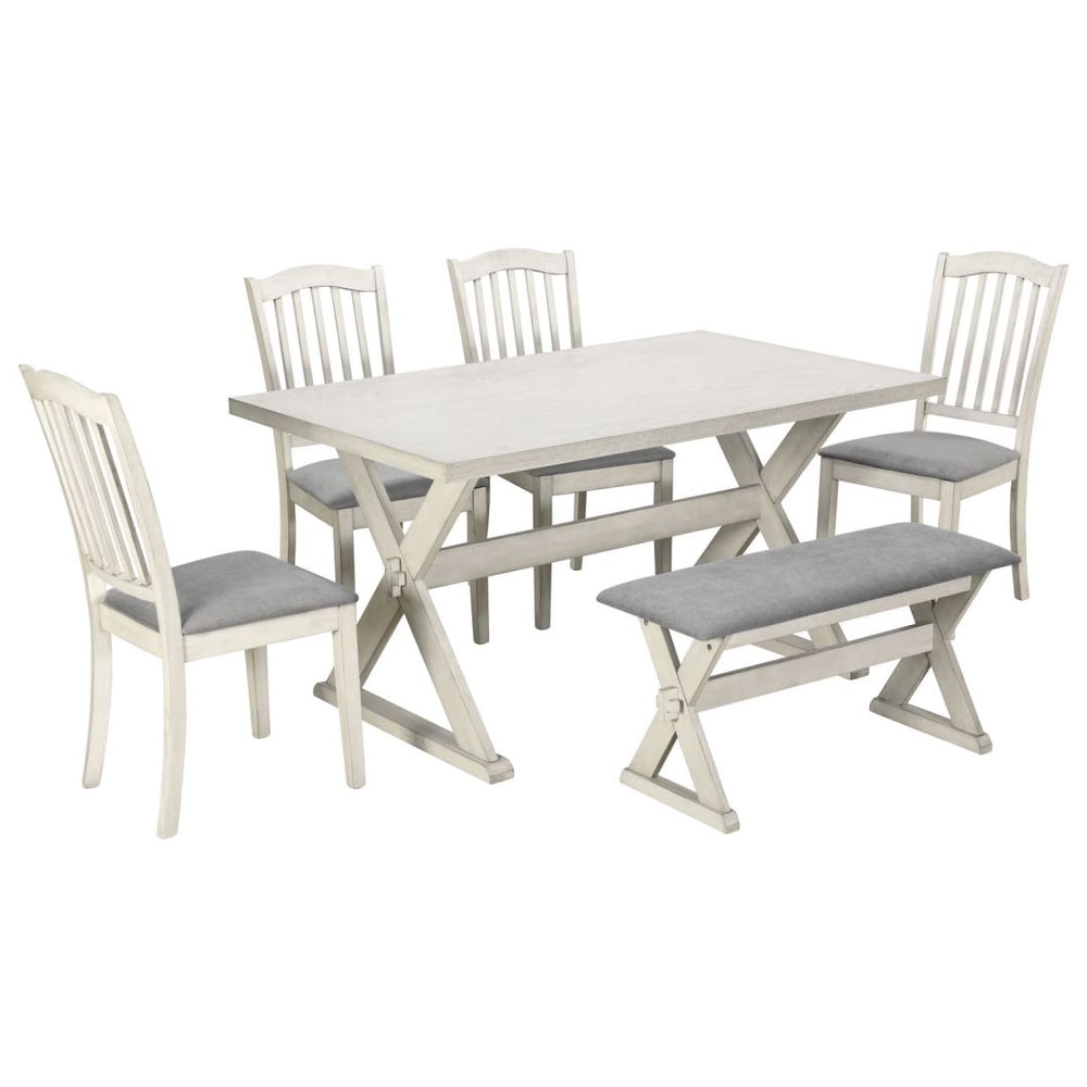 6 Piece Rustic Dining Set Trestle Table and 4 Upholstered Chairs   1 Bench