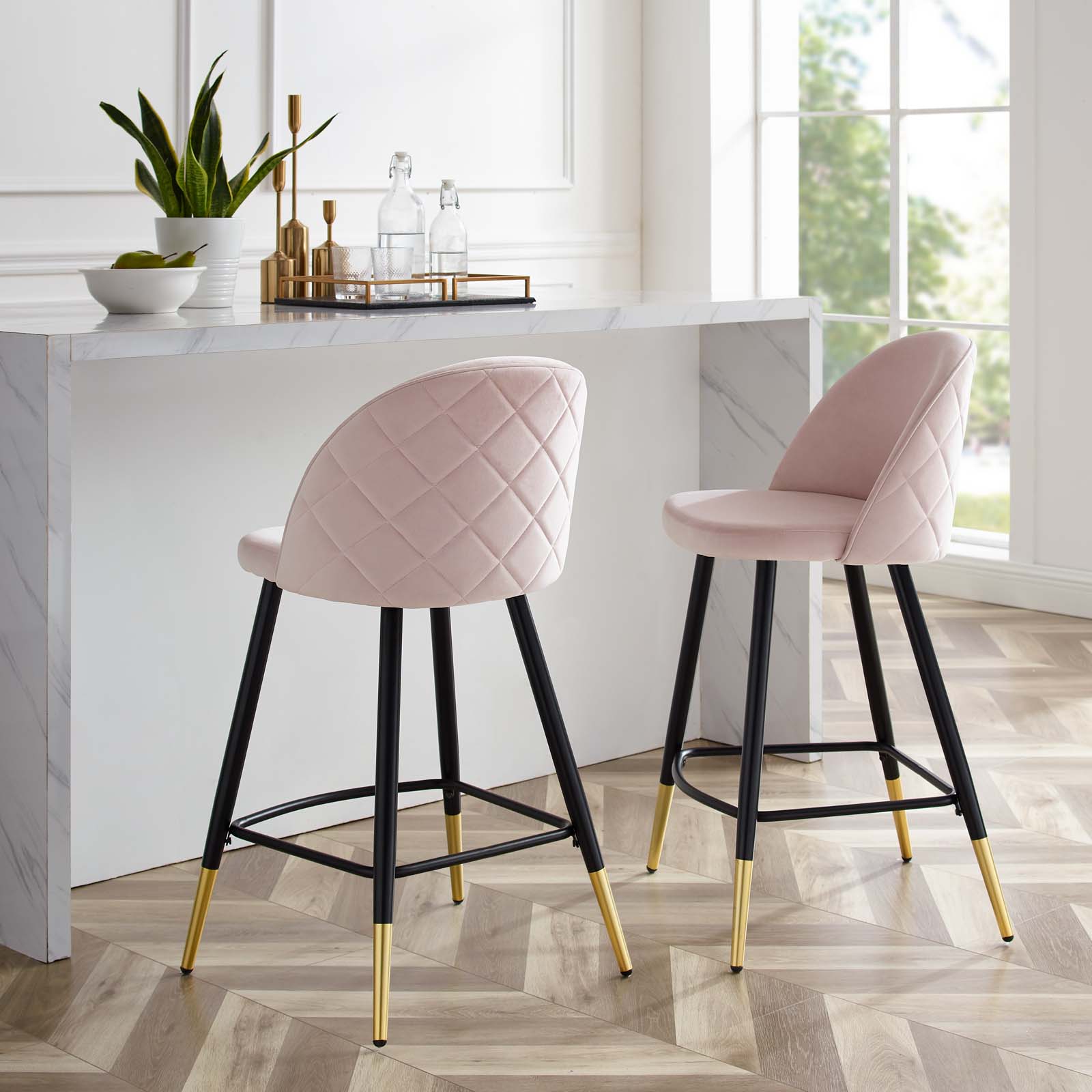 Counter Stool Chair， Set of 2， Velvet， Metal Steel， Pink， Modern Contemporary Urban Design， Bar Pub Cafe Bistro Hotel Restaurant Hospitality