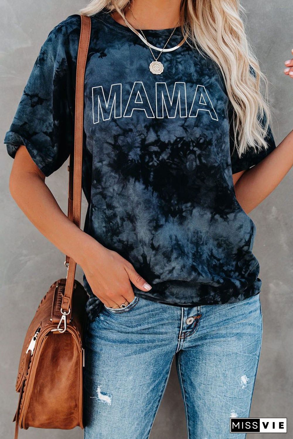 Blue Vintage Tie Dye MAMA Printed Tee