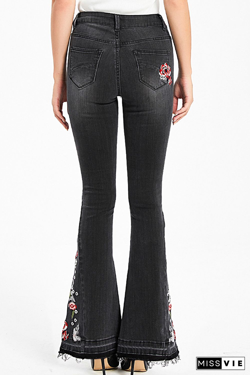 Black Bleach Embroidered Side Bell Bottom Flared Jeans Wholesale Boutique