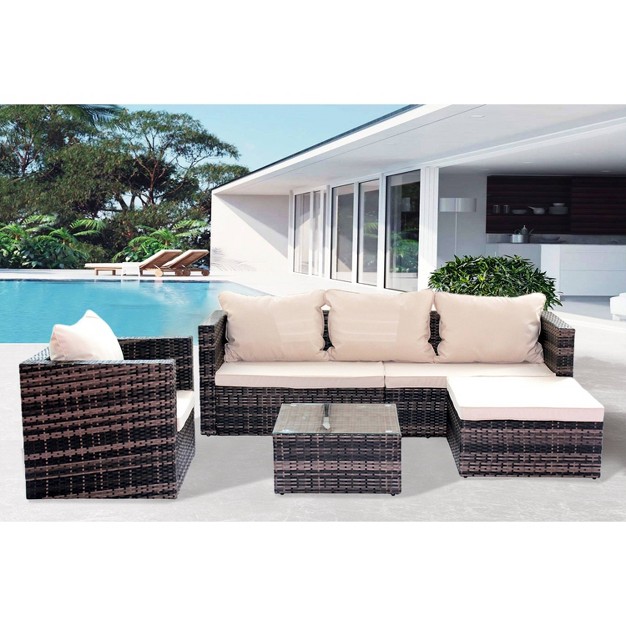 4pc Wicker Patio Sectional Seating Set With Sofa Arm Chair Ottoman amp Accent Table Brown beige Godeer