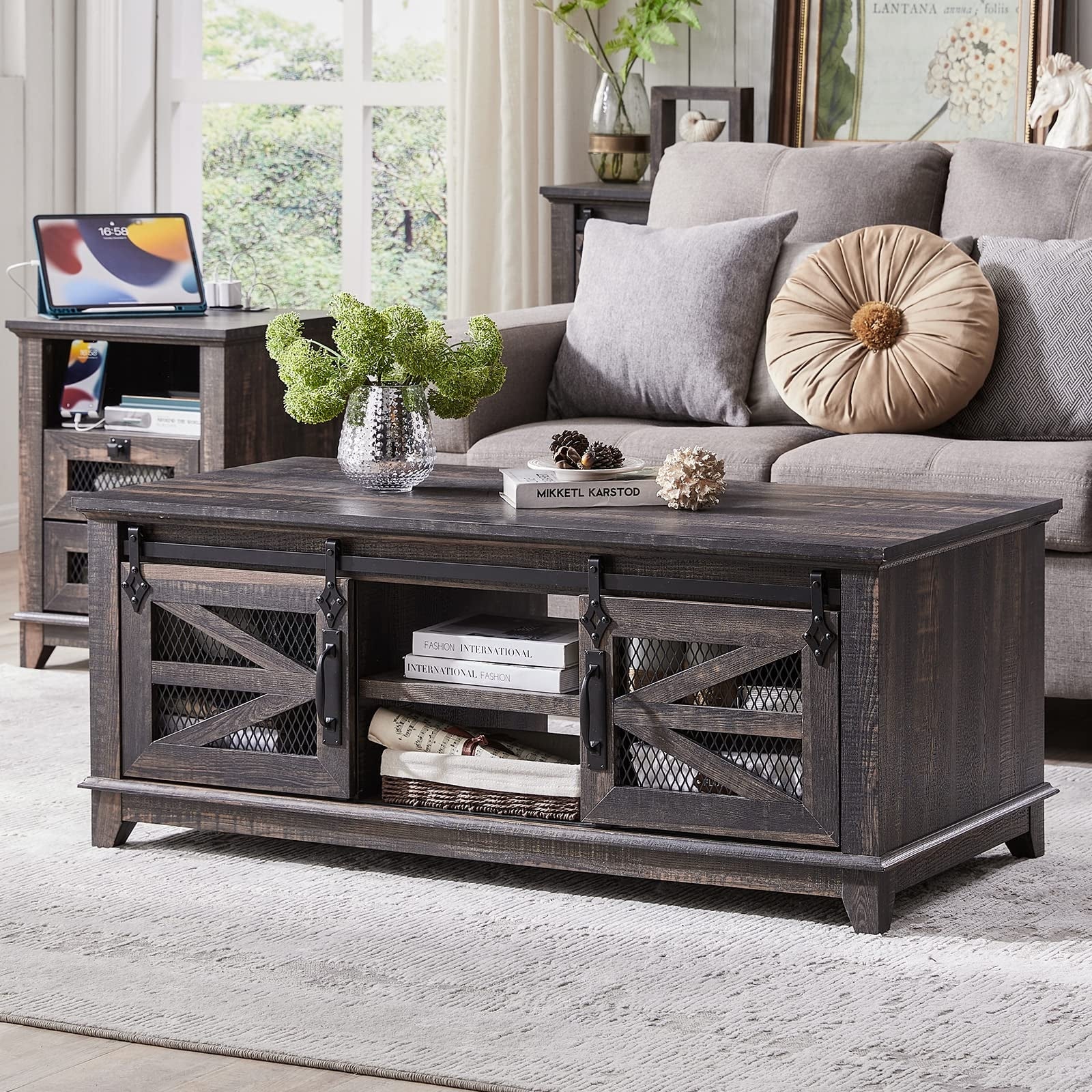 48'' Coffee Table with Storage and Sliding Barn Doors， Farmhouse and Industrial Center Table w/Adjustable Shelves